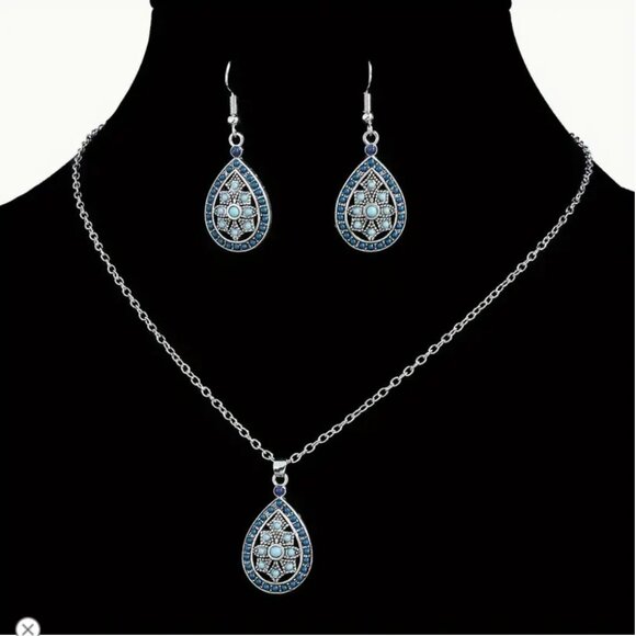 Teardrop Turquoise & Blue Enamel Pendant Necklace & Earrings Set Boho Style - Picture 2 of 3
